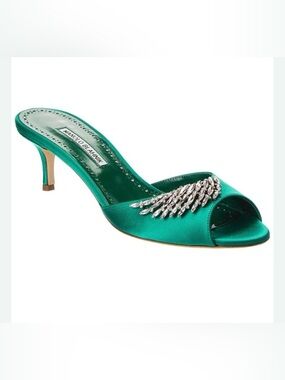 Manolo Blahnik LUMADA Emerald Green Satin Crystal-Embellished Slide Mule. NIB